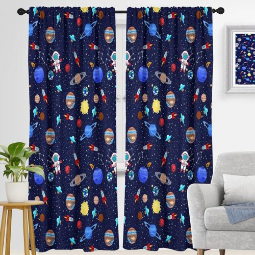 Kids Boys Window Curtain Galaxy Outer Space Playroom Spaceman Planets Theme Solar System Astronaut Blue Cartoon Rod Pocket Drapes 42" W x 84" L Curtains for Bedroom Living Room 2 Panels Drapes