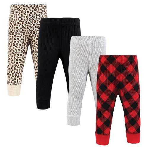 Hudson Baby Infant Girl Thermal Tapered Ankle Pants 4pk, Buffalo Plaid Leopard, 0-3 Months