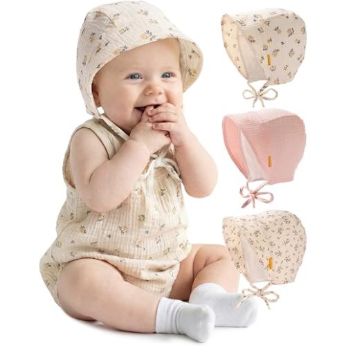 FURTALK Baby Bonnet Muslin Cotton Soft Adjustable Chin Strap for Infant Boys Girls