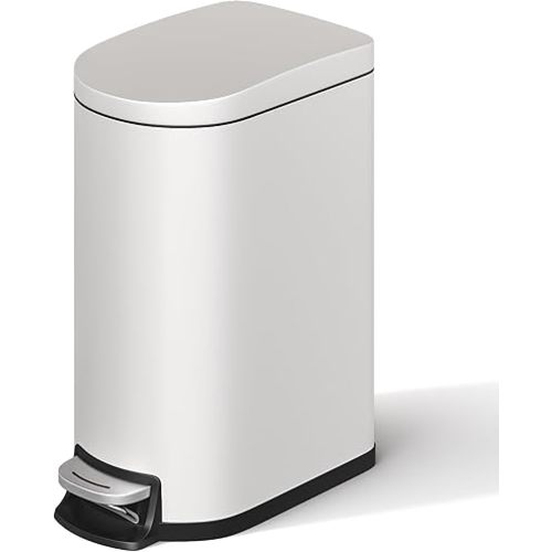 Garvee 2.6 Gallon / 10L Metal Bathroom Trash Can with Lid, Slim Step-On Bin with Soft-Close, Removable Inner Bucket & Rear Handle, Waterproof, White