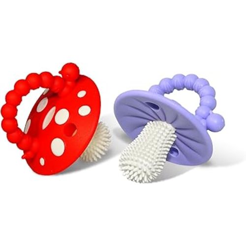 RaZbaby Soft Silicone Infant & Baby 3M+ Teether Toy Massaging Bristles Teething Relief Pacifier - Soothes Sore Gums - Hands-Free & Easy-to-Hold Chompy Teether, BPA Free (RED/Lavender)