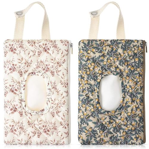 2 Pcs Quilted Diaper and Wipes Pouch Portable Hanging Floral Wet Wipe Bag Diaper Bag Reusable Wipes Pouch for for Stroller Car Travel Infant Diapering Organizer (Mixed Floral)