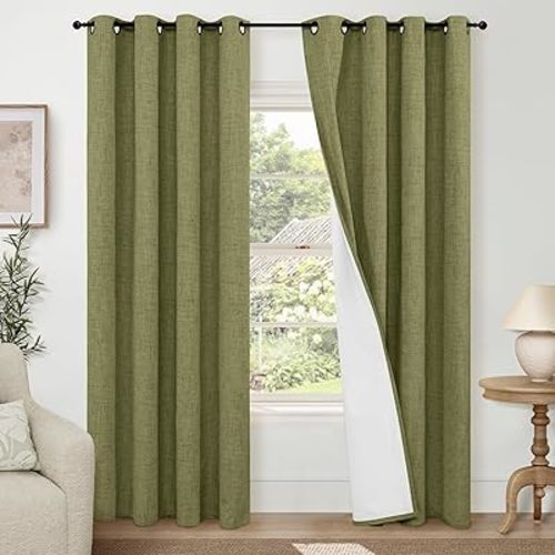 Olive Green Linen Blackout Curtains - 84 Inch Long Total Black Out Curtains for Bedroom Living Room, Thermal Insulated Room Darkening Light Blocking Faux Linen Curtains Each 52x84 Inch 2 Panels