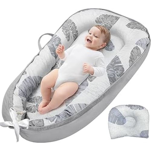 JIFTOK Baby Nests Lounger for Newborn, Snuggle Bassinet for 0-24M, Breathable Portable Co Bed, Baby Essentials Adjustable Infant Soft Cotton Loungers for Home & Travel -Leaves