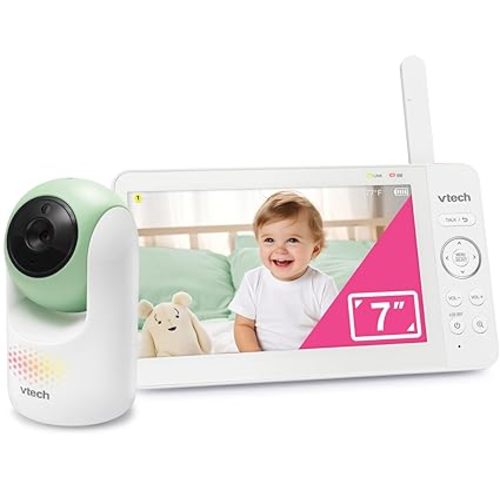 VTech Video Baby Monitor with 7" Color LCD Screen, Rechargeable Battery, Baby Monitor with Camera and Audio, Pan-Tilt-Zoom, No WiFi, Touch Multi-Color Night Light, 2-Way Talk, Advanced Max Green
