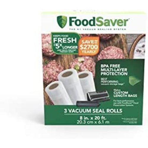 FoodSaver Vacuum Sealer Bags, Rolls for Custom Fit Airtight Food Storage and Sous Vide, 8" x 20' (Pack of 3)