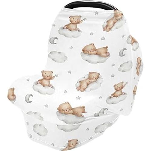 Car Seat Covers for Babies Breathable Breastfeeding Cover Stretchy & Soft Shopping Cart Cover Shower Gifts Seamless Pattern Teddy Bears on Clouds