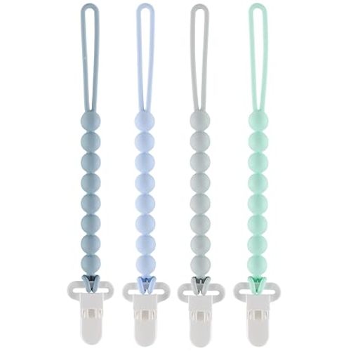 4-Pack Silicone Pacifier Clips with One-Piece Beads for Baby Boys and Girls - Flexible and Rust-Free Holders for Teething Relief and Baby Essentials, Safe for Newborns (Blue)