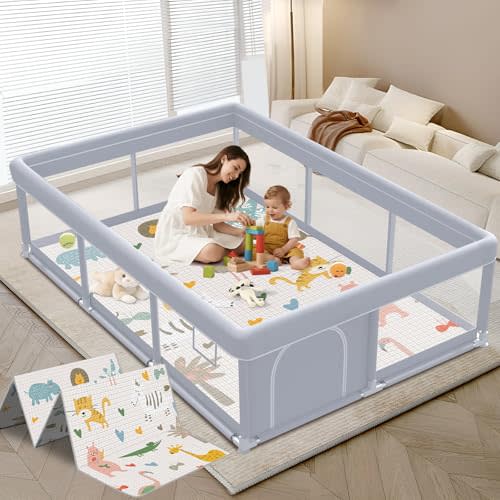 XVISHX Baby Playpen with Mat, 74 x 50 Inch Playpen for Babies and Toddlers, Baby Playard for Indoor & Outdoor Active Center Game Fence, with Skin-Friendly Fabric and Soft Breathable Mesh, Grey