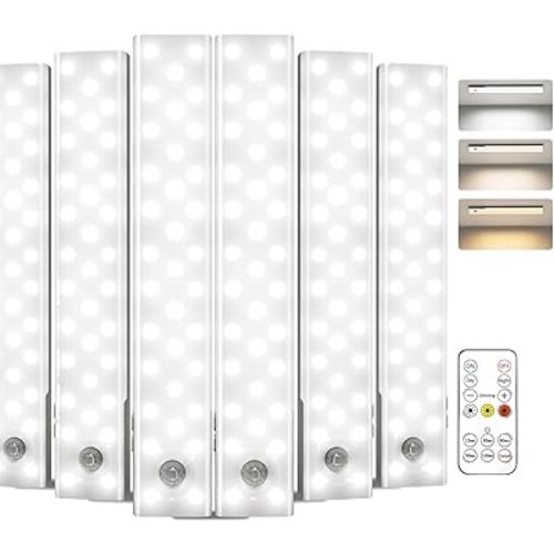 EZVALO 6-Pack Under Cabinet Lighting, 2000mAh Rechargeable Wireless Motion Sensor Lights, 62LEDs, 3 Color Temps, Dimmable, Timer, Magnetic, with Remote Control for Kitchen, Closet, Stair