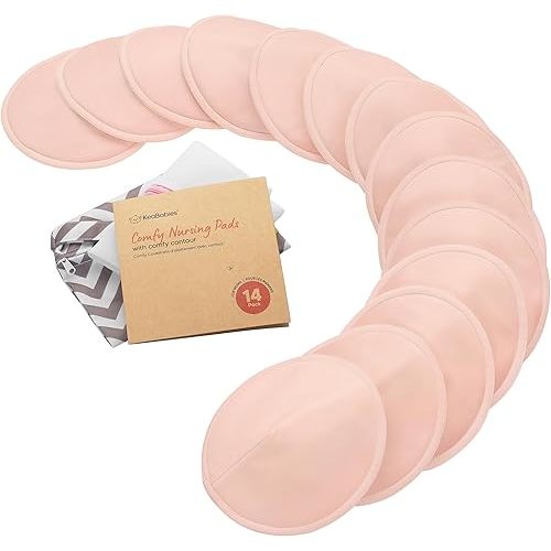 Organic Nursing Pads - 14 Washable Breast Pads for Breastfeeding, Wash Bag, Viscose Derived from Bamboo Reusable Nipple Covers for Breastfeeding Essentials, Soft & Absorbent(Pink Sand, L 4.8")