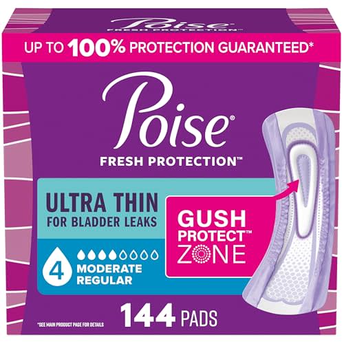 Poise Ultra Thin Incontinence & Postpartum Pads for Bladder Leaks, 4 Drop Moderate Absorbency, Regular Length, 144 Count (Packaging May Vary)