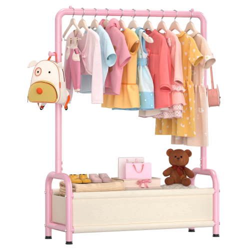 UNTIMATY Kids Clothing Rack with Storage Shelf, Baby Garment Rack for Hanging Clothes, Kids Dress Up Rack Storage for Coats with 2 Hangers, Pink