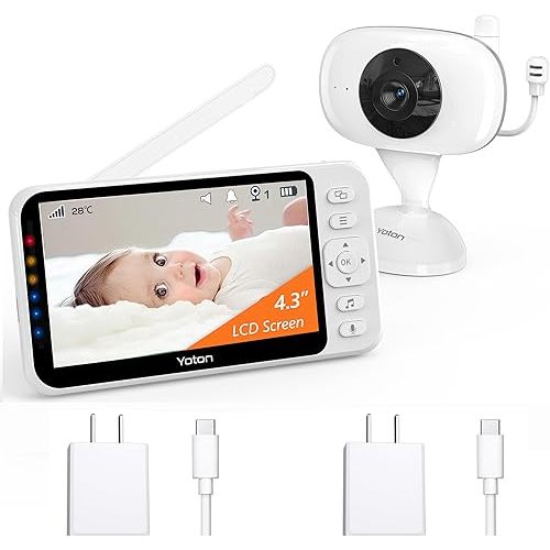 YOTON Baby Monitor no WiFi, 4.3" Baby Monitor Camera with 4X Zoom, 1.8m USB-C Charging Cable, Infrared Night Vision, Two Way Audio, Rechargeable 1500mAh Battery, for Baby/Pet (White)