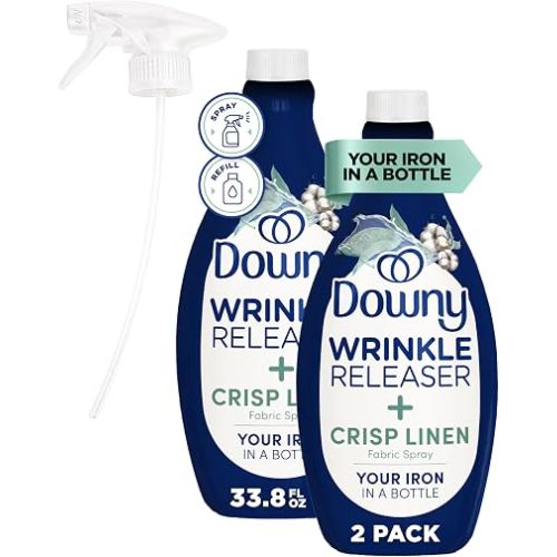Downy Wrinkle Releaser Spray, All In One Formula, Removes Wrinkles, Static and Odor Eliminator, Crisp Linen Scent, 33.8 Fl Oz, Pack of 2 (Packaging May Vary)