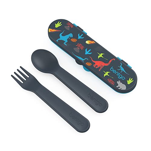 Bentgo Kids Utensil Set - Reusable Plastic Fork, Spoon & Storage Case - BPA-Free Materials, Easy-Grip Handles, Dishwasher Safe - Ideal for School Lunch, Travel, & Outdoors (Dinosaur)