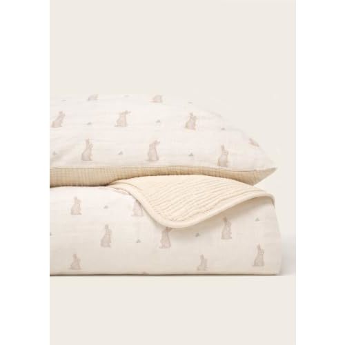 Oilo Bunny Crib Bedding Set, 5-Layer Organic Cotton Muslin Crib Quilt & Sham, Bunny Rabbit Nursery, Toddler Comforter 45x60, Reversible, Neutral