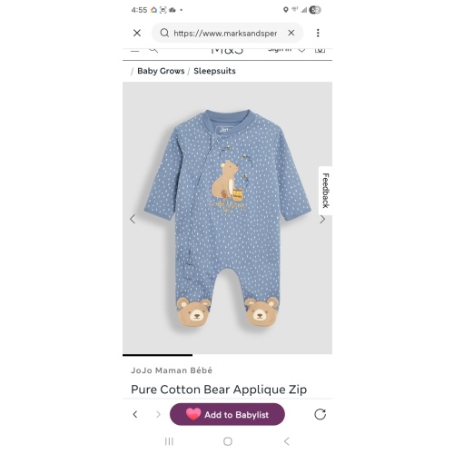 Pure Cotton Bear Applique Zip Sleepsuit (0-12 Mths) | JoJo Maman Bébé | M&S
