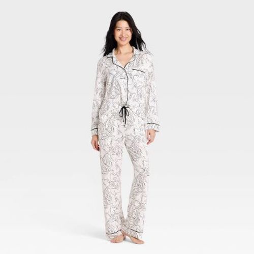Women's Cloud Knit Modal Long Sleeve Notch Collar Top and Pants Pajama Set - Auden™ White S