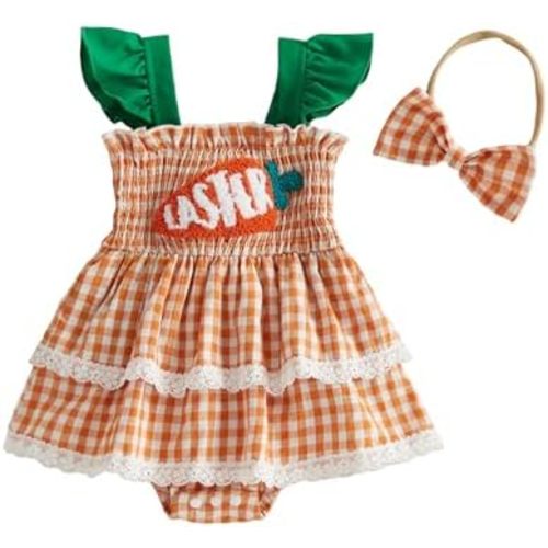 CIYCUIT Baby Girls Summer Outfits Sleeveless Onesie Plaid Solid Ruffled Romper Dress with Headband Cute Smocked Clothes