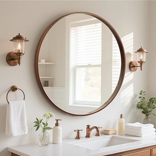 WallBeyond Round Wood Mirror, 32" Round Modern Decoration Large Circle Wall Mirror for Bathroom Living Room Bedroom Entryway, Walnut