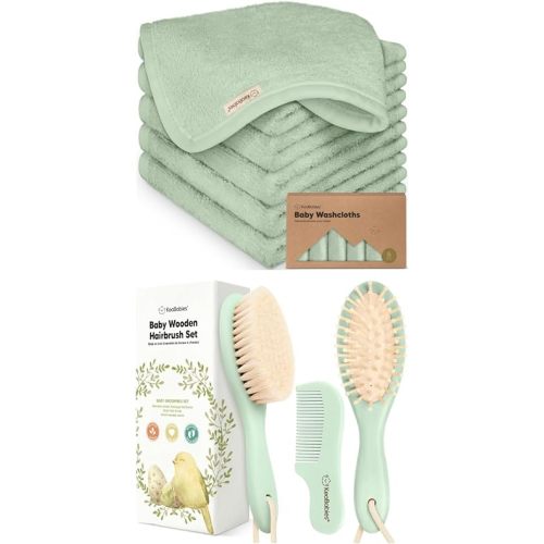 KeaBabies Baby Washcloths for Newborn, Kids and Baby Hair Brush and Comb Set - Soft and Absorbent Kids Towel, Soft Goast Bristle Hairbrush Set for Kids