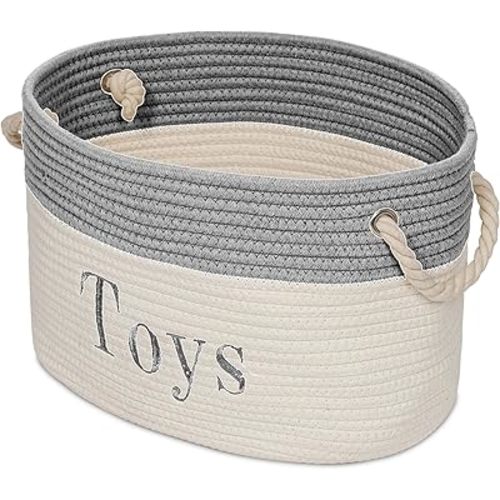 Embroidered Tote Bin - Storage Basket for Nursery - Large Storage Box - Organizing Bedroom, Closet, Classroom (White Toys Basket)