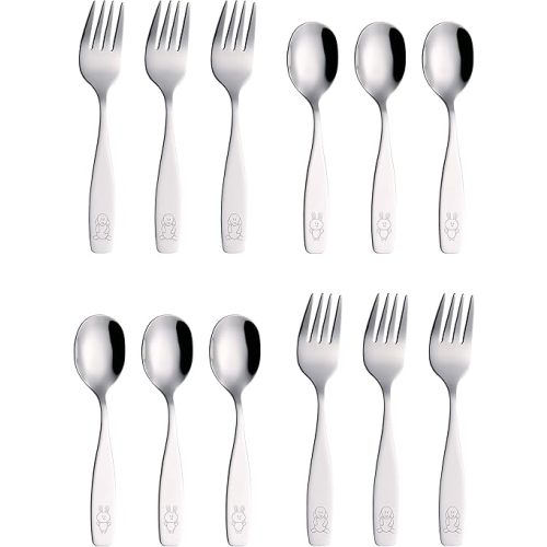 ANNOVA 12 Pieces Children's Safe Flatware/Cutlery/Silverware Set - Safe Kids Toddler Utensils Lunch Box (Engraved Dog Cat Bunny) (Stainless Steel, 12 Forks & Spoon)