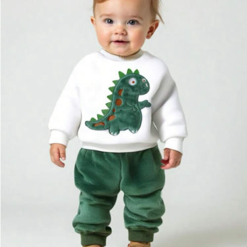 SHEIN Persoplay Kids 2pcs/Set Baby Boy Dinosaur Embroidered Reversible Fleece Sweatshirt And Pants Set