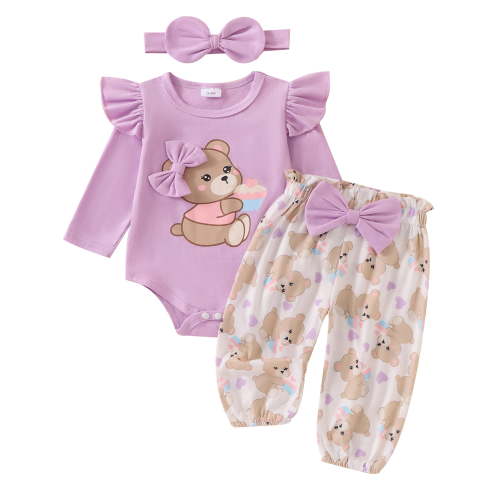 Suealasg 3Pcs Newborn Baby Girls Fall Outfits Clothes Set 3 6 9 12 18 Months Infant Girls Crew Neck Long Sleeve Bear Print Romper Long Pants Headband Set