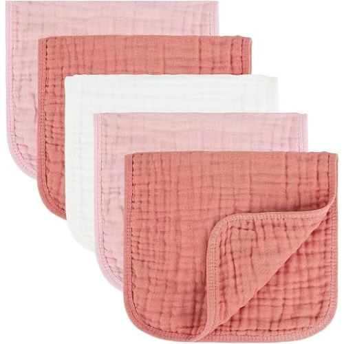 MIGIOL Baby Burp Cloths 100% Cotton Newborn Muslin Burp Cloths 10x20 inches Baby Essentials Pink&White 5-Pack