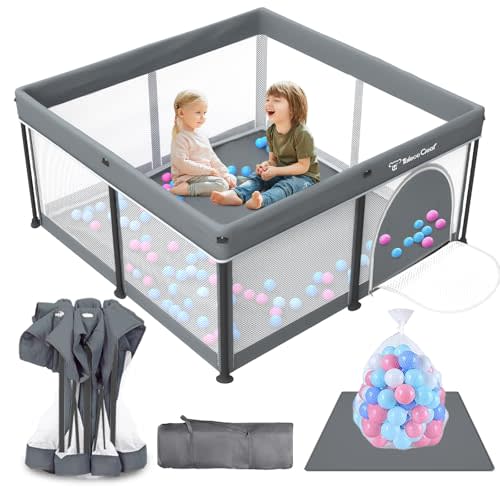 Taleco Gear Foldable Baby Play Pen with Mat, 50''x50'' Playpen for Babies and Toddlers, Playpen for Baby with Gate, Breathable,Foldable Travel Play Pen with 50 Ocean Balls