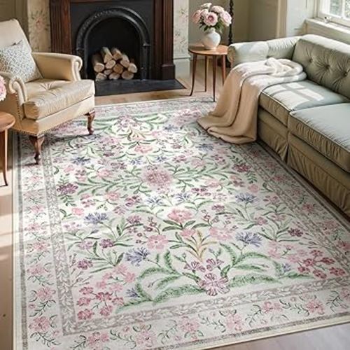 Wonnitar Floral Purple Rug for Bedroom, Washable 5x7 Area Rugs for Dorm, Boho Soft Non Slip Ultra-Thin Indoor Floor Carpet for Kids Room Nursery Living Room Classroom, Light Purple/Pink