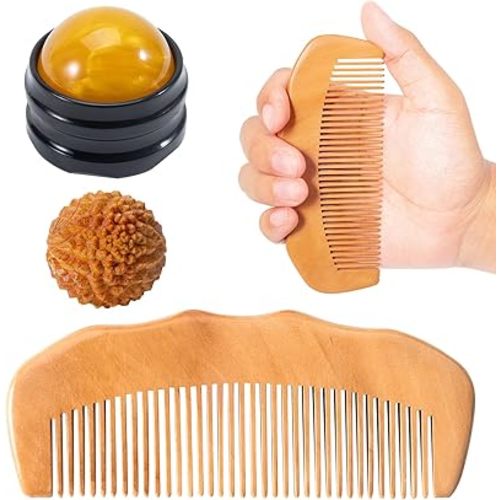 SIMPOR 3-in-1 Labor Comb and Massage Ball Set, Wooden Birth Comb with Acupressure Spiky Ball and Roller, Natural Wood Labor and Delivery Essentials for Pain Management, Pregnancy and New Mom Gifts