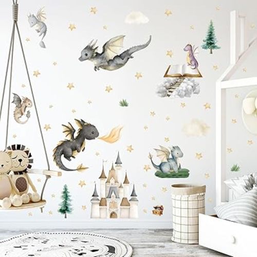 Dragon Wall Stickers,Peel and Stick Colorful Flying Dragon,Castles, White Clouds, Stars.Tree Self-Adhesive Mural，Removable Wall Sticker for Living Room Baby Nursery Kids Room Wall Decor (Multicolored)
