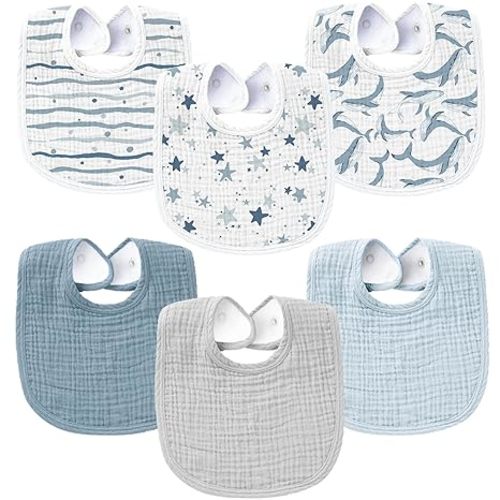 Konssy 6-Pack Muslin Baby Bibs for Boys & Girls, Soft Cotton Absorbent Bandana Drool Bibs for Drooling & Teething