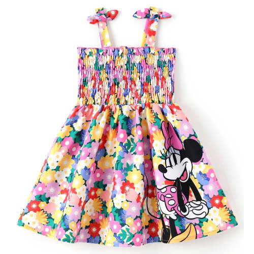 Disney Kids Girls Dresses Minnie Mouse Graphic Cute Flower Bow Suspender Smocked Dress Sizes 5-6Y