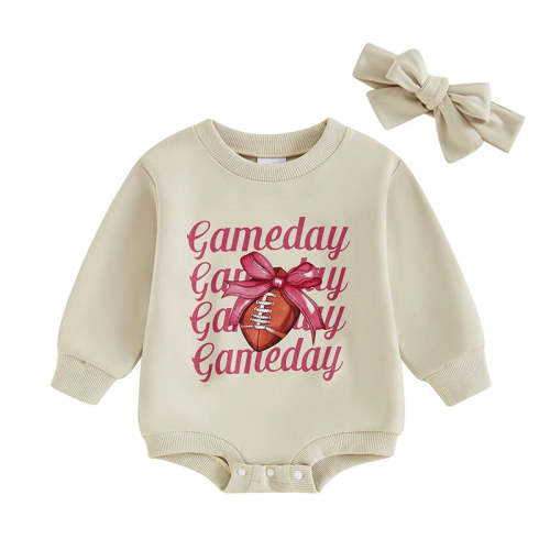 Baby Girls 2Pcs Gameday Football Letter Bow Print Long Sleeve Bubble R – August + Willow