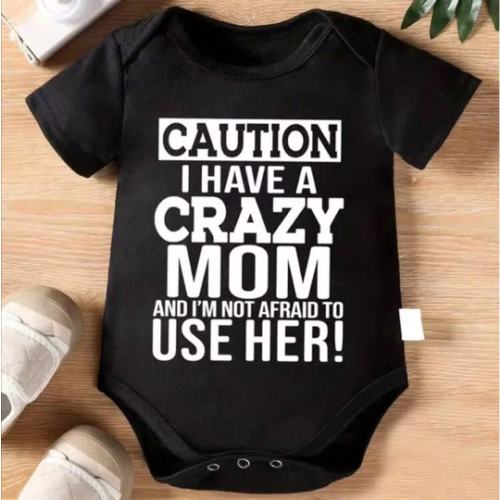 [Funny Bodysuit] Funny Youngsters Bodysuit - Crazy Mom Warning, Soft Cotton, Short Sleeve, Black With White Text | Humorous Youngsters Outfit, Perfect For Outdoor | SHEIN USA