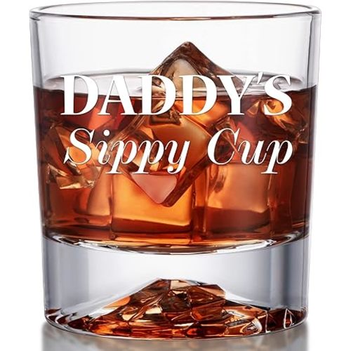 PONPUR Gifts for Dad Men Fathers Day, Daddy's Sippy Cup Whiskey Glass, Funny Birthday Gag Dad Husband Gifts Ideas from Daughter Son Kids, Stocking Stuffers, Bourbon Scotch Gifts for Expecting Father
