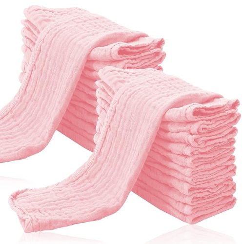 24 Pack Muslin Burp Cloths for Baby - Ultra-Soft 100% Cotton Baby Washcloths - Large 20'' by 10'' Super Absorbent Milk Spit Up Rags - Burpy Cloths for Unisex, Boy, Girl - Pink