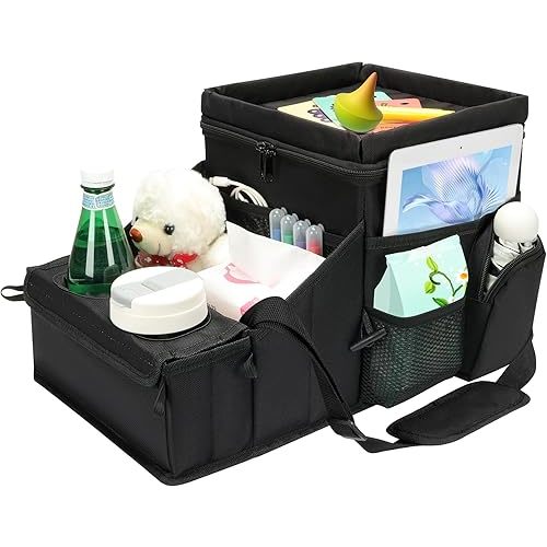 COOLBEBE Car Seat Organizer, Backseat Car Organizer with Cup Holders for Kids and Adults Travel, Cooler Compartment Passenger Seat Organizer Storage Box for Front or Middle Seat, Black