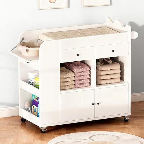 Einhomn Baby Changing Table Dresser with 3 Drawers & 4 Open Cubbies, Rolling Nursery Dresser with Wheels, 43" W x 19.5" D x 40" H, Chalk White