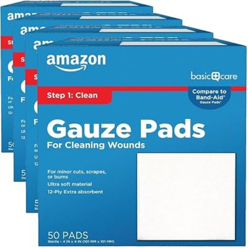 Amazon Basic Care Gauze Pads, 4x4 inches, Sterile, 50 Count | Pack of 4 | For Minor Injuries | Previously All Health