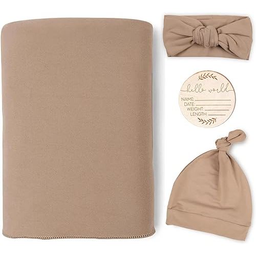 TANOFAR 4-Pack Newborn Swaddle Blanket for Baby Girls & Boys, Ultra Soft Receiving Blankets with Matching Headband and Beanie Set Baby Nursery Swaddle Wrap (Brown)