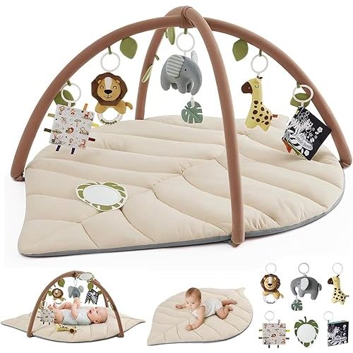 Blissful Diary Baby Play Gym & Activity Mat, Leaf Shaped Baby Tummy Time Play Mat with 6 Detachable Toys, Promotes Motor Skills & Sensory Development, Newborn Baby Essentials Gift, Oatmeal Beige