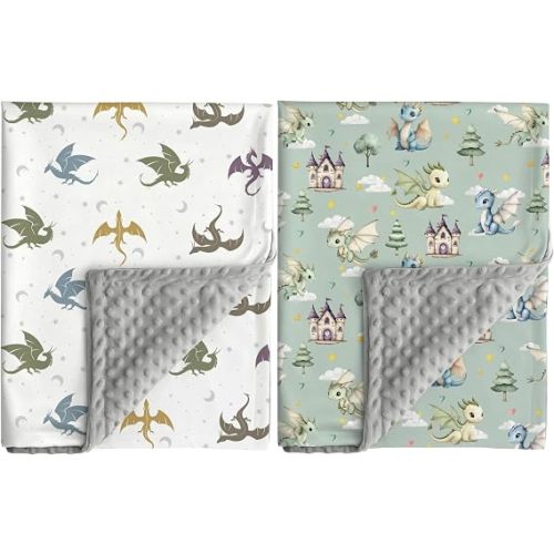 Dragon Baby Blanket DND Gender Neutral Minky Blankets for Newborn Baby Girls or Boys Nursery Toddler Double Layer Blanket with Dotted Backing and Dragon Printed (White)