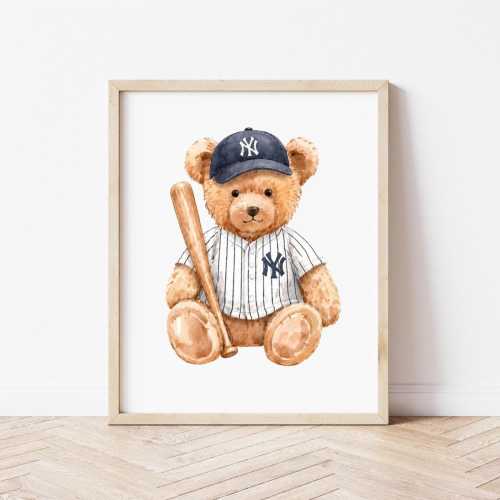 Watercolor Teddy Bear Baseball Print, New York Inspired Nursery Art (Digital Download)