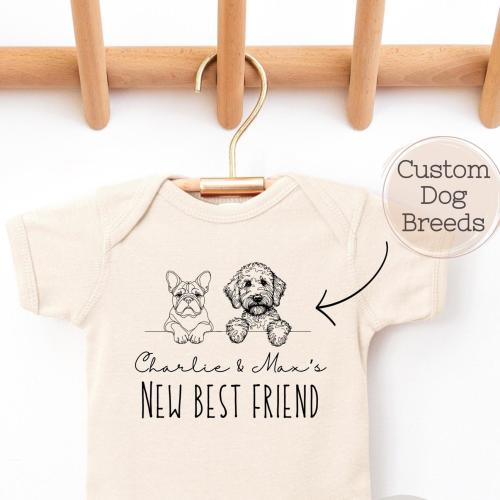 New Best friend dog bodysuit - Custom Dog Breed Onesie®, Personalized Dog Name Baby Onesie®, Dog Sibling Outfit, Baby Shower Gift