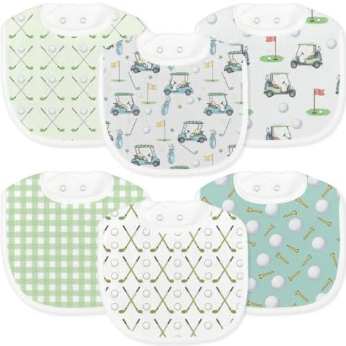 Papmiunm Baby Bibs for Baby Boys Girls 6-Pack Green Golf Drool Bibs Flower Soft Absorbent Cotton Infant Feeding Bandana Bibs Teething Drooling Nursery Gifts for Newborn Toddlers Feeding Baby Stuff